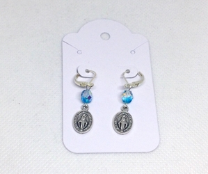 Aqua and Crystal Miraculous Medal Earrings handmade, earrings, Catholic, jewelry, Miraculous Medal, blue