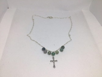 Moss Agate and Crucifix Necklace 